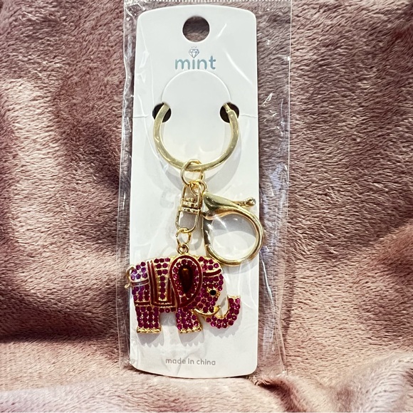 Sparkling Rhinestone Elephant Keychain Bag Charm with Brown and Gold Accents - Picture 2 of 5